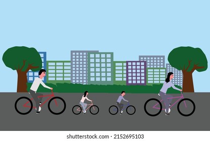 a man, a woman, a boy and a girl take a ride through the city on their bicycles next to trees and buildings