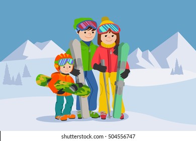 Man, woman, boy, skiing in snow mountain. Family winter sport vector illustration. People on slope.