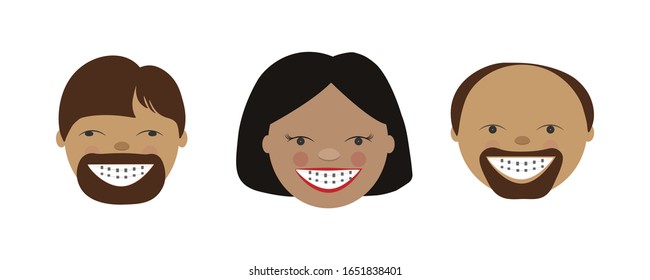 Man and woman in braces. Smile with a toothy smile. Vector illustration white background for dentistry postcard poster. Dentist Day. Dental brace.