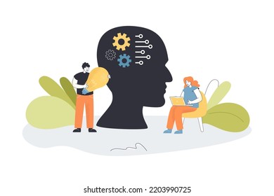 Ilustración vectorial plana con lluvia de ideas de hombres y mujeres. Carácter masculino portando bombilla, con idea creativa. Innovación, invención, concepto de inicio para banner, diseño de sitios web o página web de aterrizaje