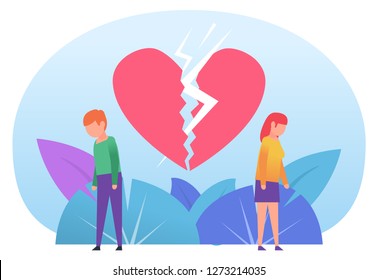 Man And Woman Break Up, Divorce. Sad Couple Standing Near Big Broken Heart. Poster For Web Design, Social Media, Banner, Presentation. Flat Design Vector Illustration