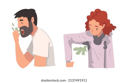 Man and Woman Breathing to the Hand Feeling Bad Smell from Their Mouth and Armpit Vector Set