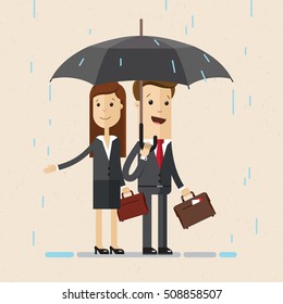 Hombre y mujer con maletas se unen bajo la lluvia con un paraguas. Empresarios, colegas. Vector, ilustración, plano