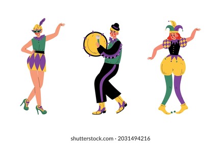 Man and Woman in Bright Costumes for Circus Show or Entertaining Performance Vector Set