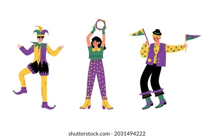Man and Woman in Bright Costumes for Circus Show or Entertaining Performance Vector Set