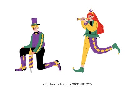 Man and Woman in Bright Costumes for Circus Show or Entertaining Performance Vector Set