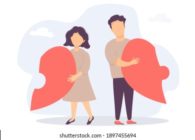 The man and the woman broke up. Each has half a heart in his hands. Disassembled the heart-shaped puzzle. Vecton flat illustration. The concept of breaking up relations and family, crisis, divorce