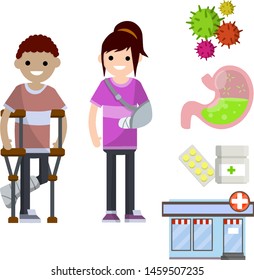 Man and woman with broken arm and leg. Bandage, crutch, germs, virus, pharmacy, pills, stomach. Illness and injury. Set of medical subjects. Cartoon flat illustration