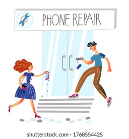 Man and woman with broken cellphone. People hurrying to mobile electronics repair service. Vector customer character standing at closed glass door, digital device diagnosis and renovation