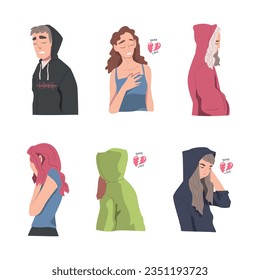Man and Woman with Broken Hearts Suffering Because of Lost Love Vector Illustration Set