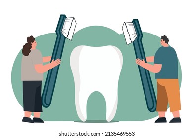 man and woman brushes toothbrushes, oral hygiene illustration concept.