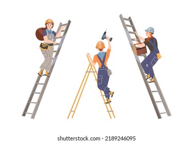 Man and Woman Builder Character Standing on Ladder with Drill and Toolbox Building House Vector Set