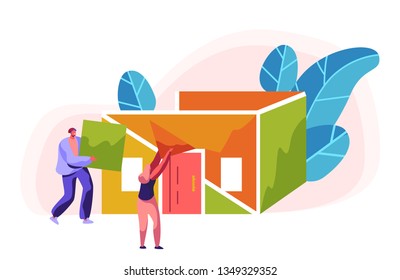 Man and Woman Builder Construction Color Home. Process Installation Roof in Building. Person Foreman in Helmet Carry New Part Material for Build House. Flat Cartoon Vector Illustration