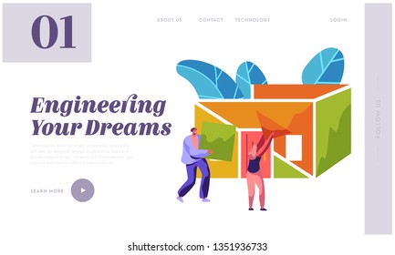 Man and Woman Builder Construction Home Landing Page. Foreman Carry New Part Material to Build Building. Process Installation Roof in House for Website or Web Page Flat Cartoon Vector Illustration