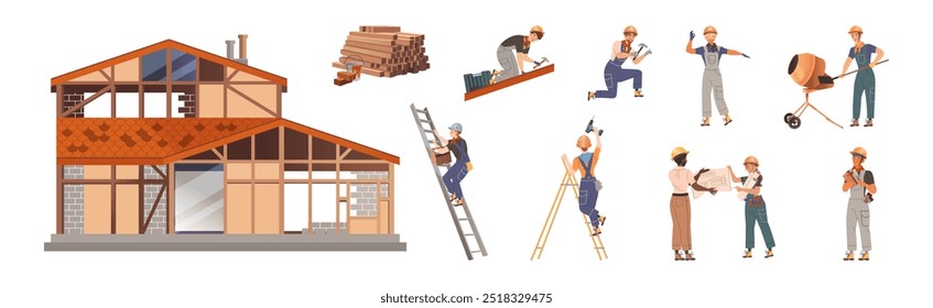 Man and Woman Builder and Industrial Worker in Helmet Vector Set