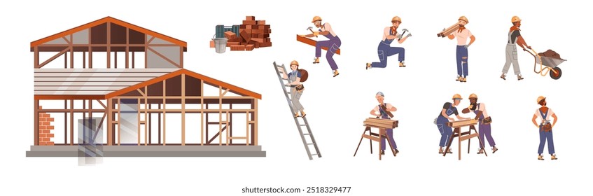 Man and Woman Builder and Industrial Worker in Helmet Vector Set