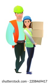 Man and woman builder in vest and protective helmet. Guy worker. Cheerful person. Standing pose. Cartoon comic style flat design. Single character. Illustration isolated white background. Vector.