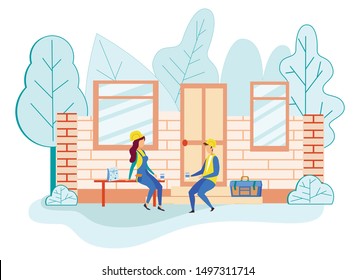 Man and Woman Builders Wearing Working Overalls Having Break Sitting near Unfinished Building and Drinking Coffee with Muffins. Workers Relaxing at Construction Site. Cartoon Flat Vector Illustration