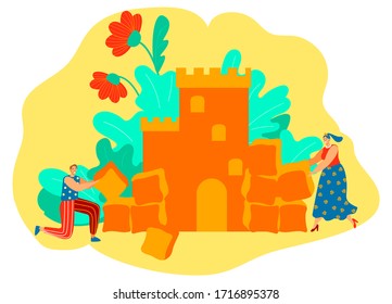 Man and woman building romantic castle, love story concept vector illustration. People cartoon character, creative valentine card, relationship concept. Romantic couple build fairytale castle together