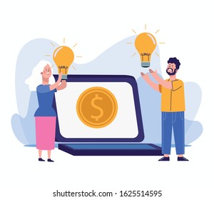 man and woman with bulb lights and laptop computer with money coin over white background, colorful design, vector illustration