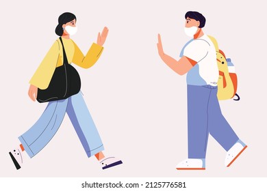 Man and woman bump into each other. A man with a backpack in a mask. Sport. Woman with a bag in a mask. Greeting, meeting. Vector modern illustration