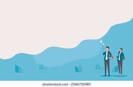 Man and woman in business attire contemplating on a blue background. Suitable for corporate presentations, financial websites, and professional marketing materials