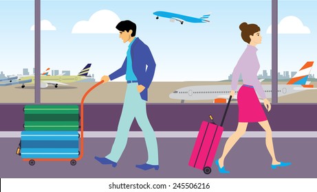 man and woman in business casual outfit walking pass each other at airport transit. 