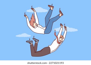 Man and woman in business clothes fall down for concept of employees in corporation or job loss. Colleagues falling among clouds symbolizes recession that caused problems in business and bankruptcy 