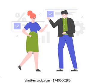 A man and a woman in business clothes are standing nearby, waving a hand in greeting. Accomplishment of tasks, teamwork, time managment. Project managers. Vector flat illustration.