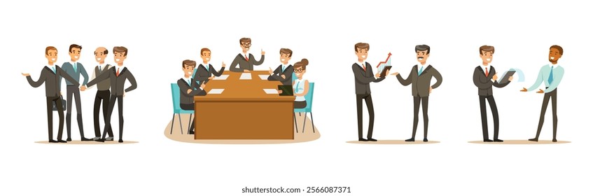 Man and Woman Business Leader and Employee at Meeting and Negotiation Vector Set