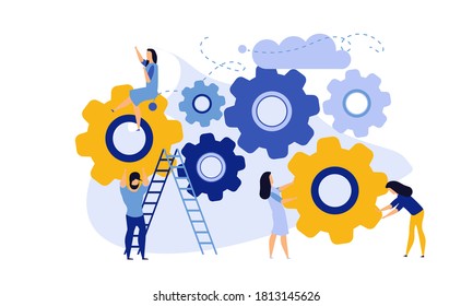 Man and woman business organization with circle gear vector concept illustration mechanism teamwork. Skill job cooperation coworker person. Group company process development structure workforce banner