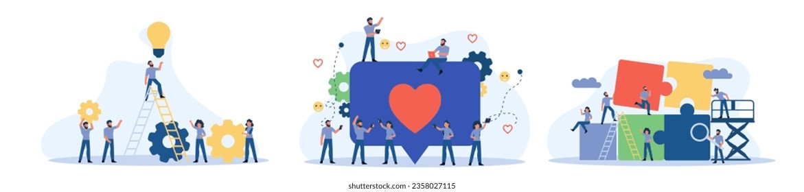 Man and woman business organization with circle gear vector concept illustration mechanism teamwork. Skill job cooperation coworker person. Group company process development structure workforce banner