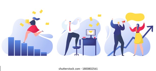 Man and woman business people concept, Business manager gets good news set vector illustration. Cartoon person character good mood concept. Good news in speech bubble, office communication.