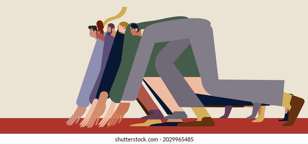 Man and woman at business race vector flat illustration. Office workers or clerks standing at starting position ready to sprint run isolated. Rivalry between colleagues. Professional competition.