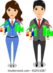 man and woman business show beautiful graphics in a flat style