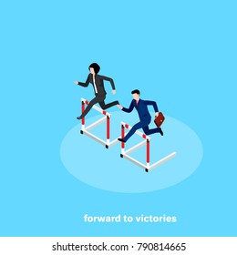 man and woman in a business suit jumps over an obstacle, an isometric image