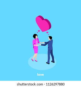 a man and a woman in business suits hold hands and above them is a big heart, an isometric image