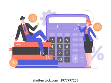 Man and woman in business suits. People are standing next to books and a giant calculator. Finance, investment, budgeting. Vector flat illustration.