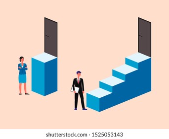 Man And Woman In Business Suits Standing In Front Of Different Size Staircases To Door - Gender Discrimination, Workplace Sexism And Unfair Competition - Isolated Flat Vector Illustration