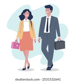 A man and woman in business suits walking together with briefcases.