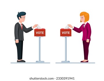 Man and Woman Business Worker Putting Paper Ballots To Election Box Cartoon illustration Vector