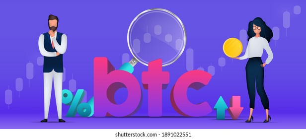 Man and woman businessmen invest in bitcoin. Money training banner. Gold coins, wallet, bank card, magnifier, chart. Vector.