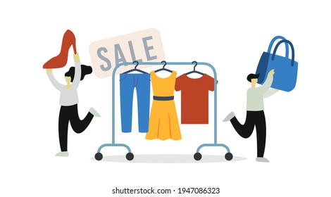 Man and woman buy clothes in store for sale at discount. A dress, a T-shirt, jeans are hanging