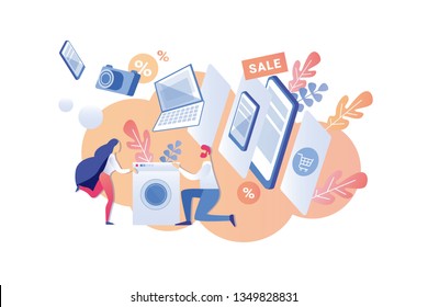 Man and Woman Buy Modern Home Appliances on Sale. Vector Illustration on White Background, Cartoon Flat. Guy and Girl choose Washing Machine. Electronic Devices and Gadgets at Final Sale.