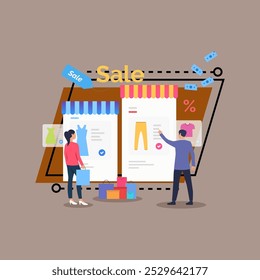 Man and woman buying clothes online vector illustration. People doing shopping in internet, holding shopping bags. E-commerce, shopping, sale, special offer concept can be used for banner design