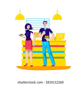 Man and woman buying fast food in restaurant. Young couple eating fastfood for lunch hold trays with meal for takeaway or inside order. Cartoon vector illustration