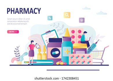 Man and woman buying medications. Online pharmacy site design. Healthcare,drugstore concept. Different collection drugs, pills and bottles. Business characters in trendy style.Flat vector illustration