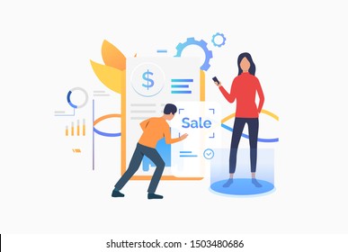 Man and woman buying at online cash terminal. Purchase checkout, isometric, atm. Online cashier concept. Vector illustration for website, landing page, online store
