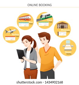 Man And Woman Buying Online Tickets, Bus, Train, Airplane, Room, Museum On Computer Tablet, Voyage, Vacationing