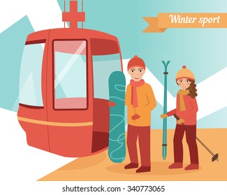 Man and a woman at the cable car. Vector isolated illustration. Cartoon character.